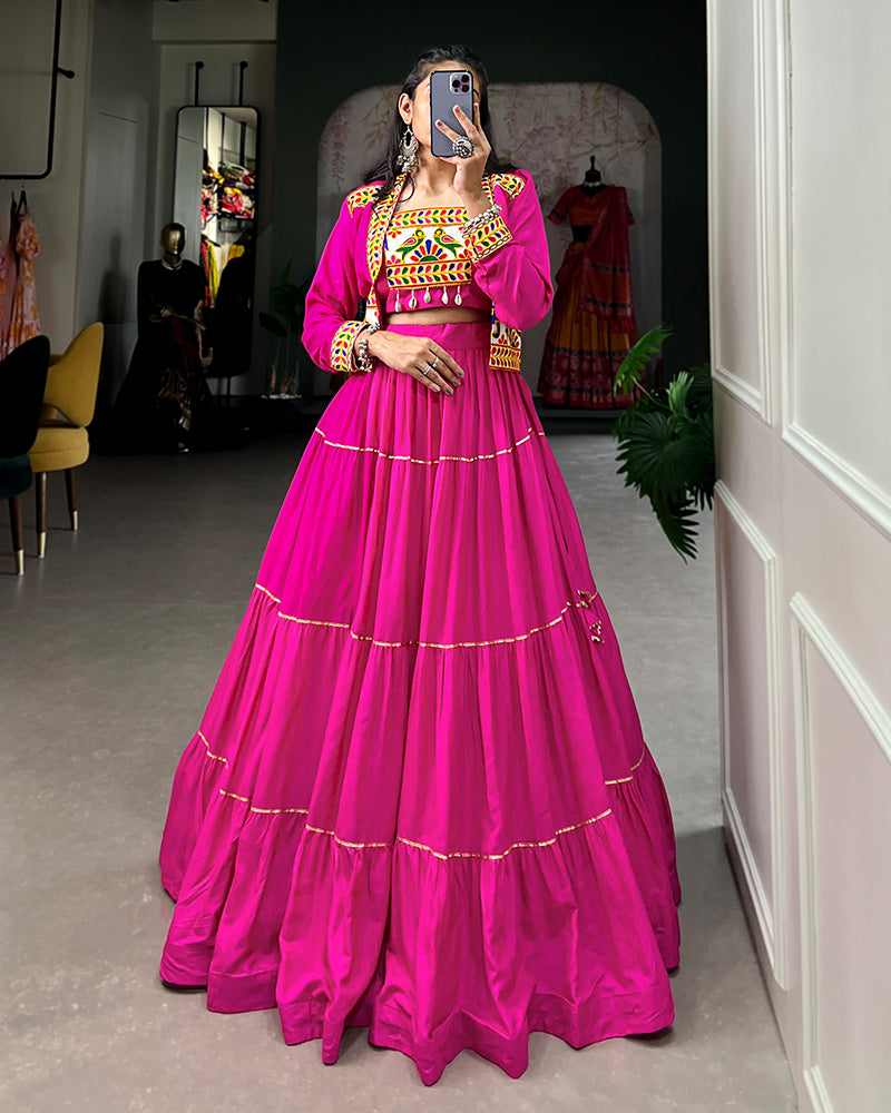 Pink Color Pure Rayon Frill And Gamthi Work Navratri Lehenga Choli