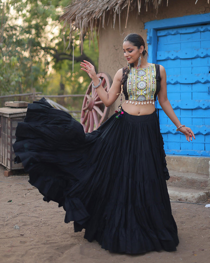 Black Color Rayon Frill And Embroidered Navratri Lehenga