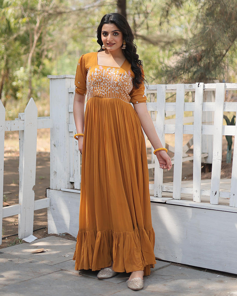 Mustard Yellow  Designer Georgette Long Gown