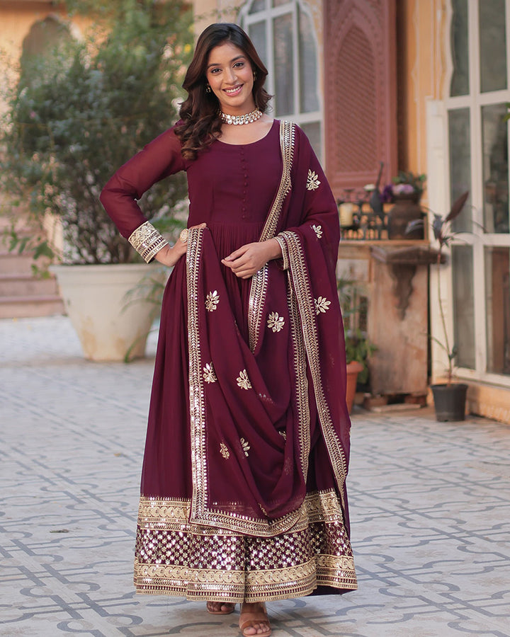 Designer Royal Maroon Color Gown With Sequence Embroidered Dupatta