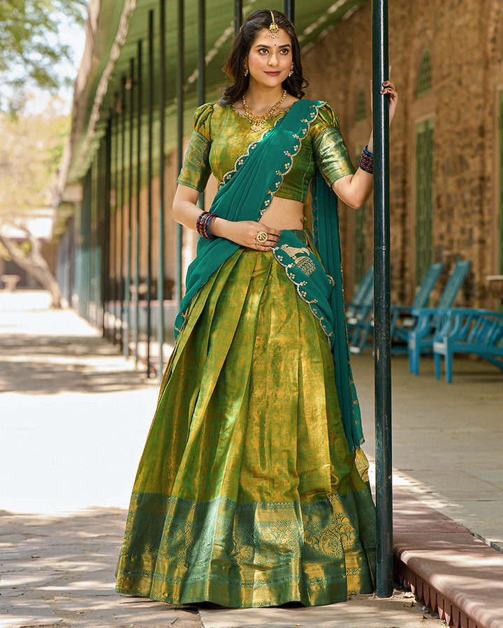 Designer Parrot Green Color Kanjivaram Lehenga Choli With Georgette Dupatta