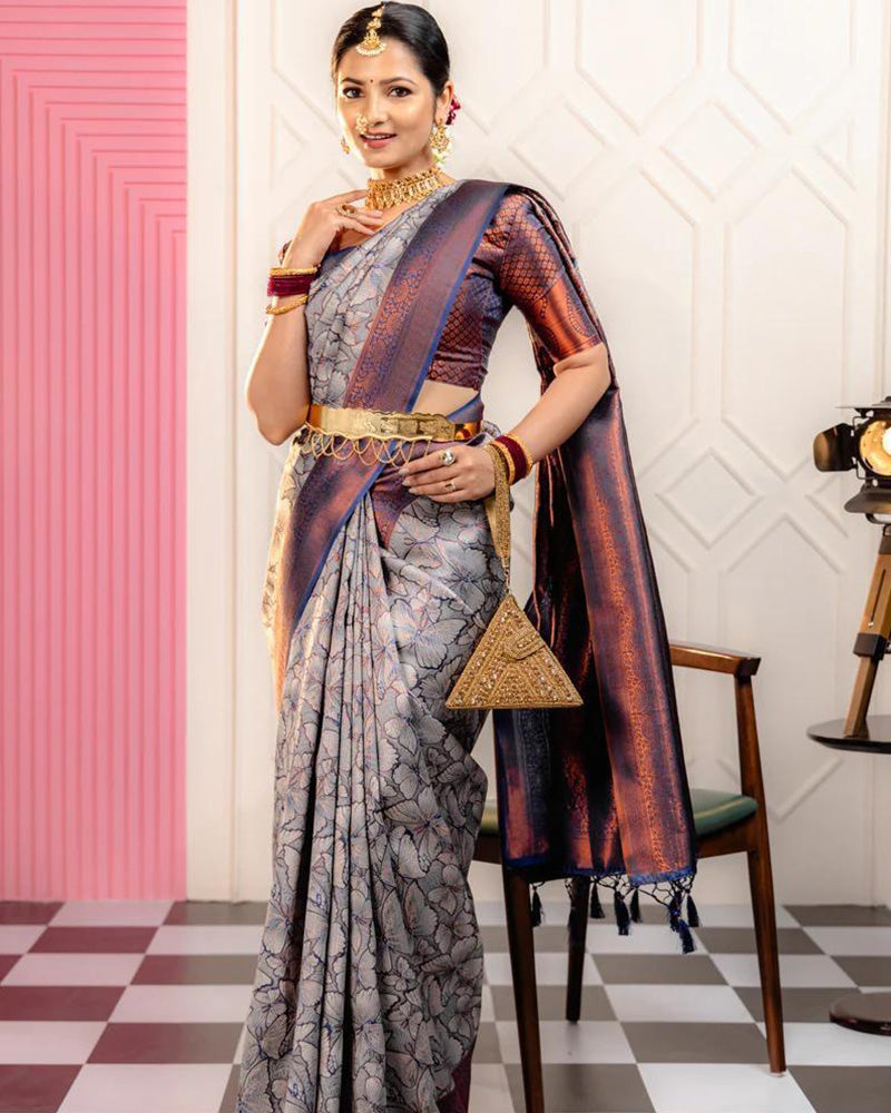 Designer Sky Color Jacquard Banarasi Silk Saree