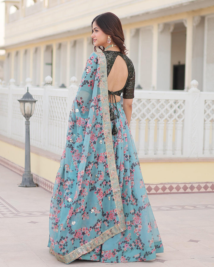 Designer Sky Blue Russian Silk Printed Lehenga Choli