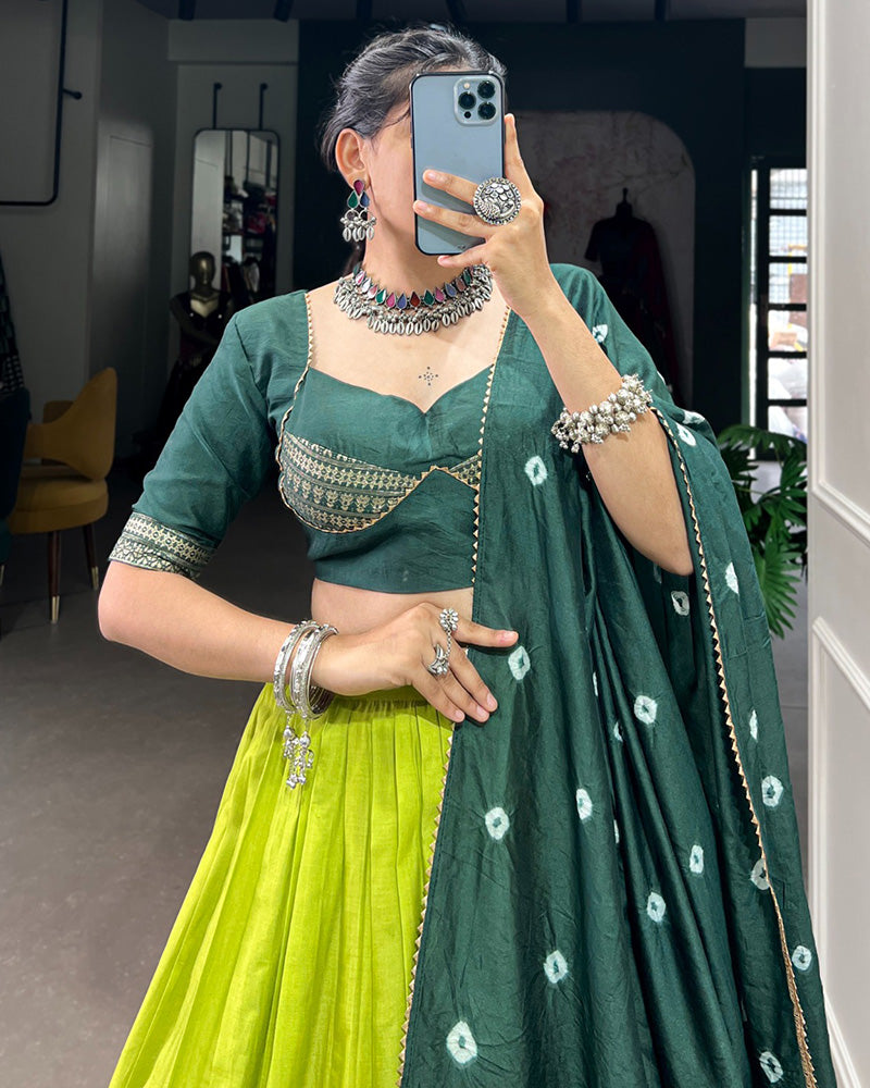 Parrot Color Chanderi Navratri lehenga Choli With Bandhej Dupatta