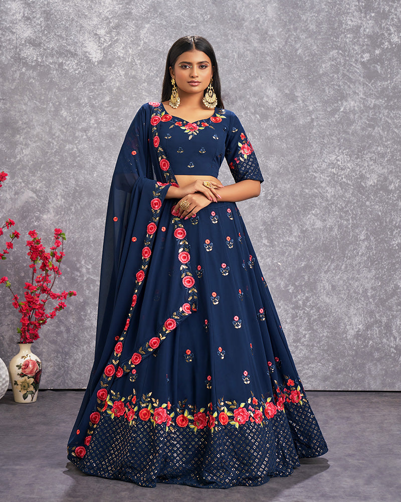 Teel Blue Color Thread And Embroidered Georgette Lehenga Choli