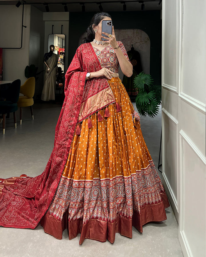 Orange Color Bandhej Print Designer Lehenga Choli