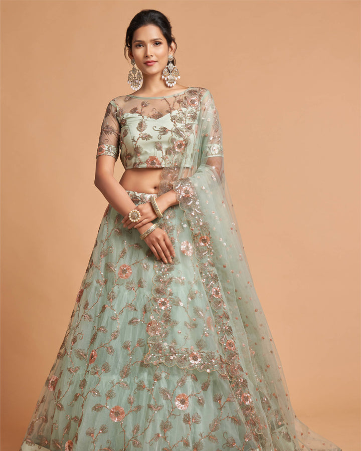 Latest Pista Green Soft Net Lehenga Choli