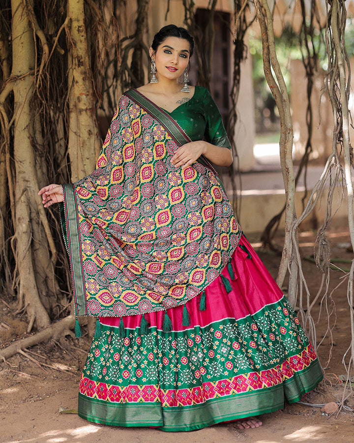 Awesome Pink And Green Printed Dola Silk Lehenga Choli