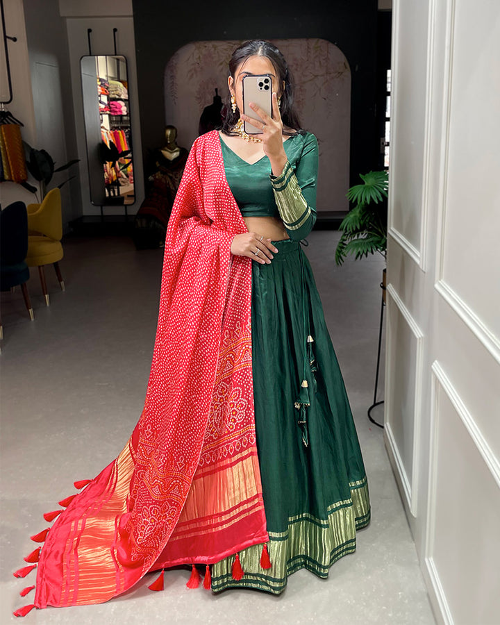 Green Dyeing With Lagdi Patta Gaji Silk Lehenga Choli