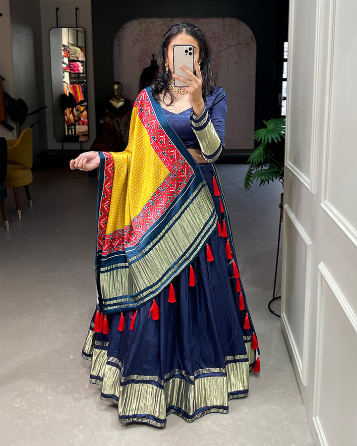 Navy Blue Dyeing With Lagdi Patta Gaji Silk Lehenga Choli