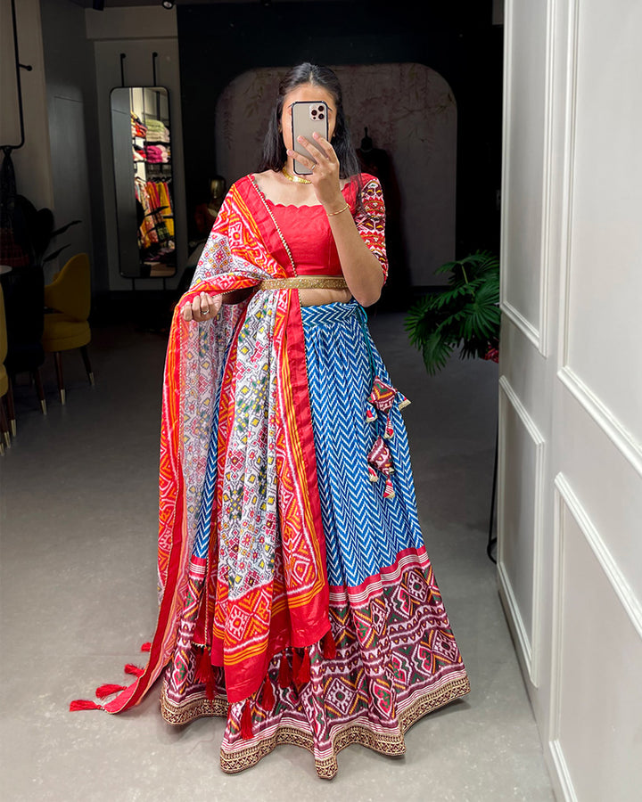 Sky Blue Color Leriya Patola Printed Chinon Lehenga Choli