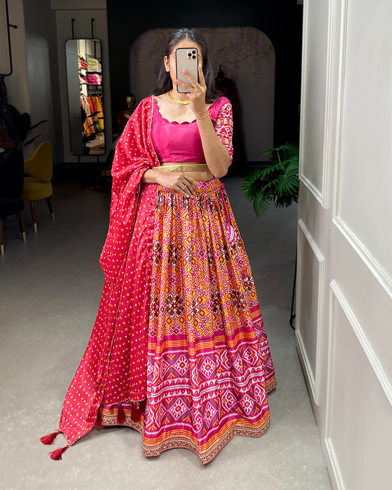 Pink Color Leheriya Patola Printed Chinon Lehenga Choli