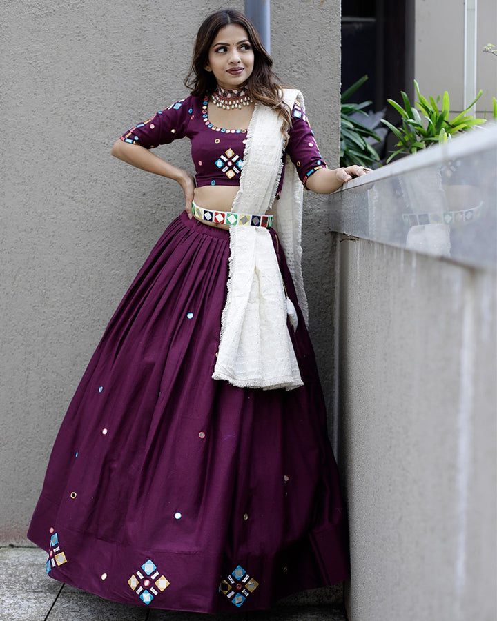 Wine Original Mirror Handwork Cotton Lehenga Choli