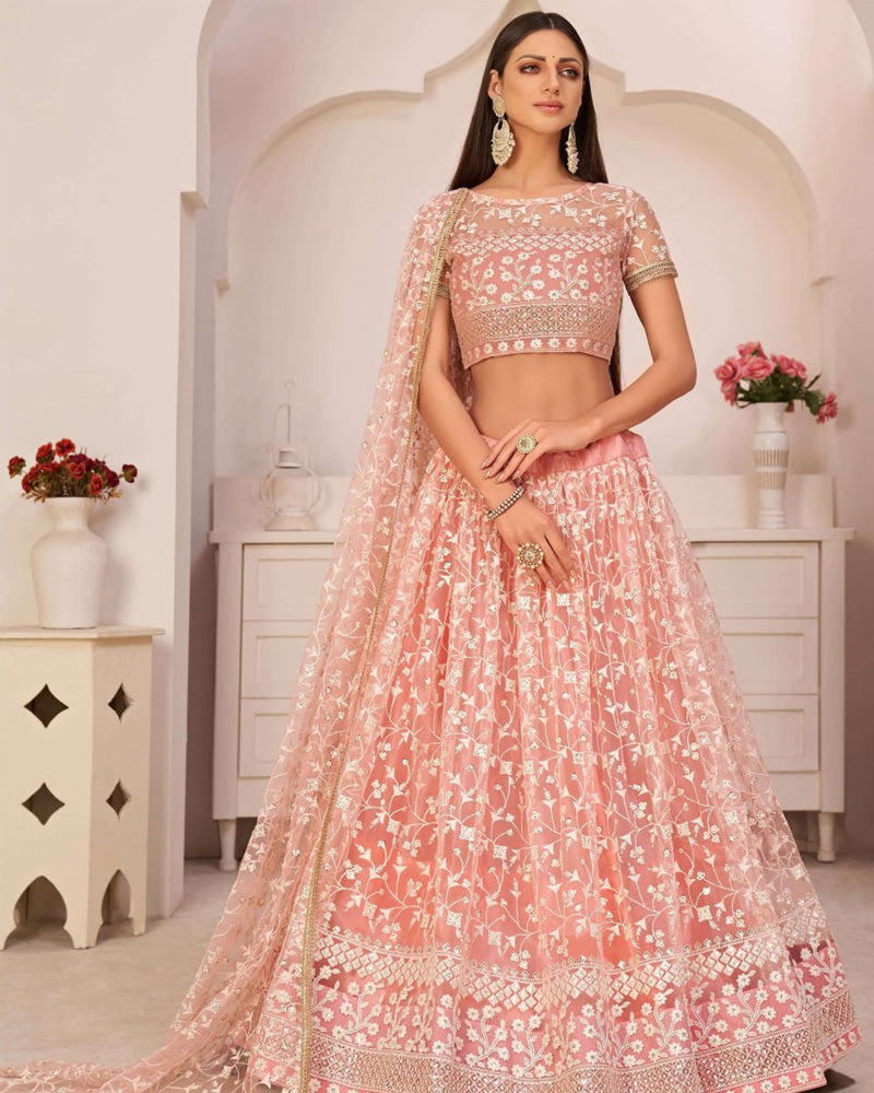 Peach Pink Sequence Soft Net Lehenga Choli