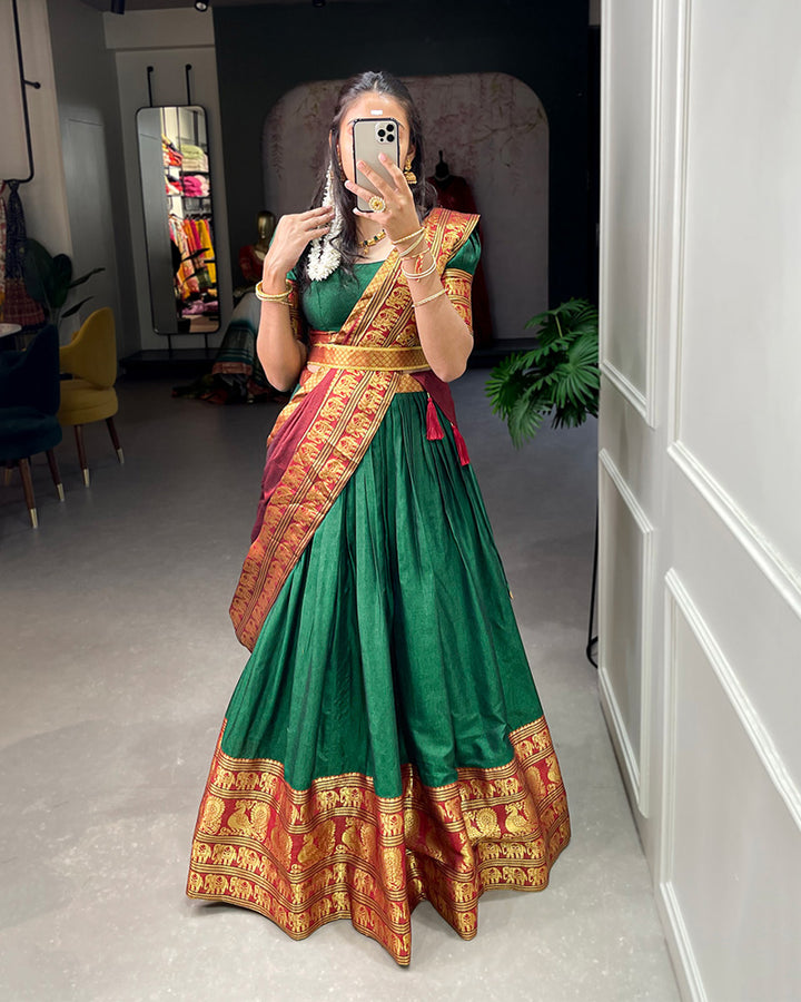 Green Color Narayan Pet Cotton Full Flair Lehenga Choli