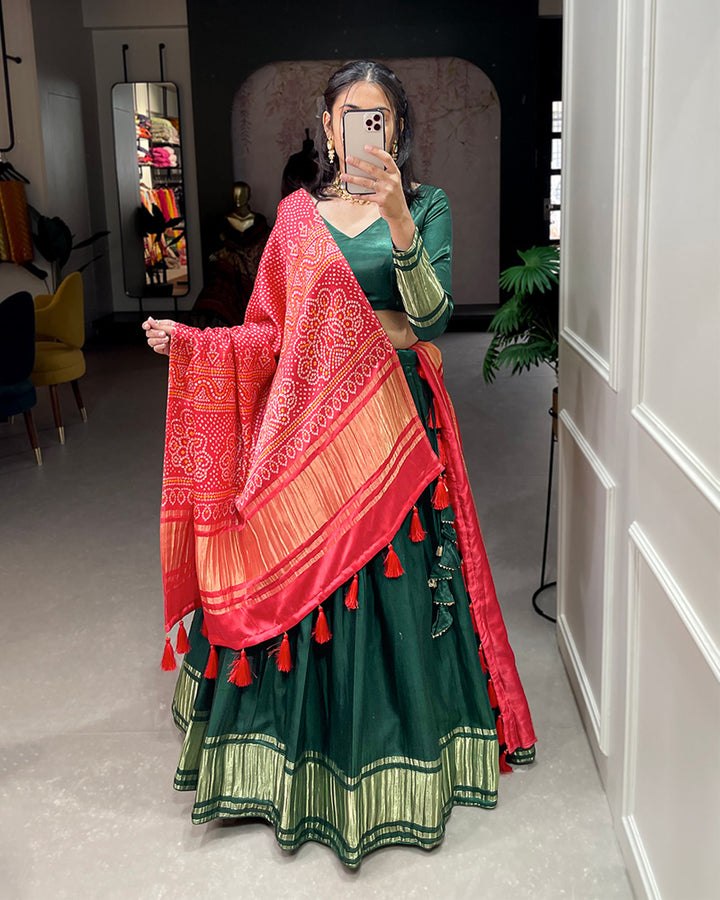 Green Dyeing With Lagdi Patta Gaji Silk Lehenga Choli