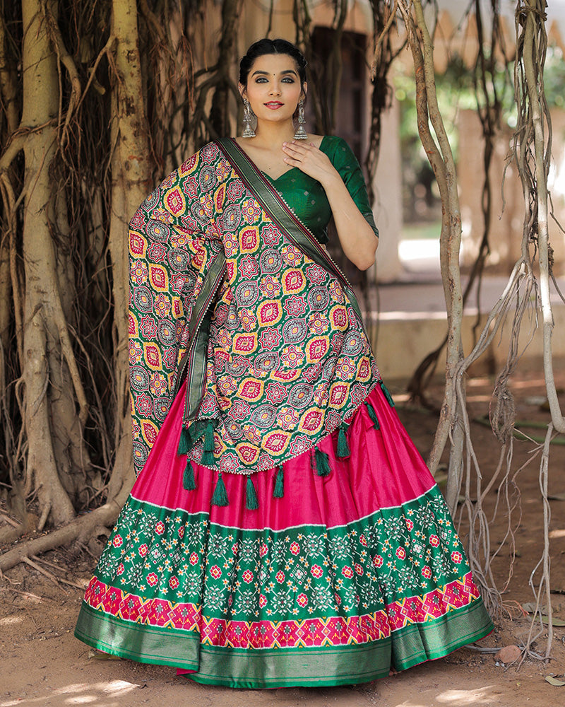 Awesome Pink And Green Printed Dola Silk Lehenga Choli