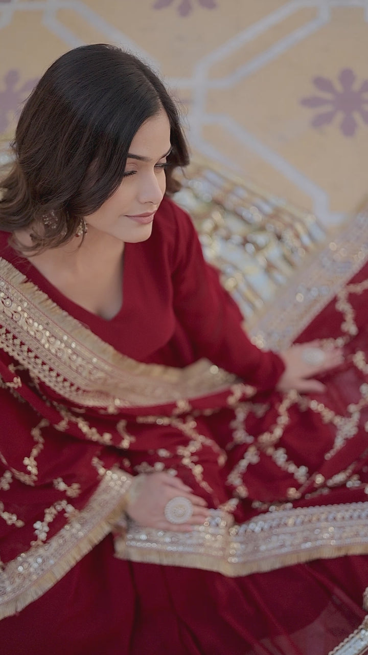 Beautiful Maroon Color Anarkali Gown With Sequence Embroidery Dupatta