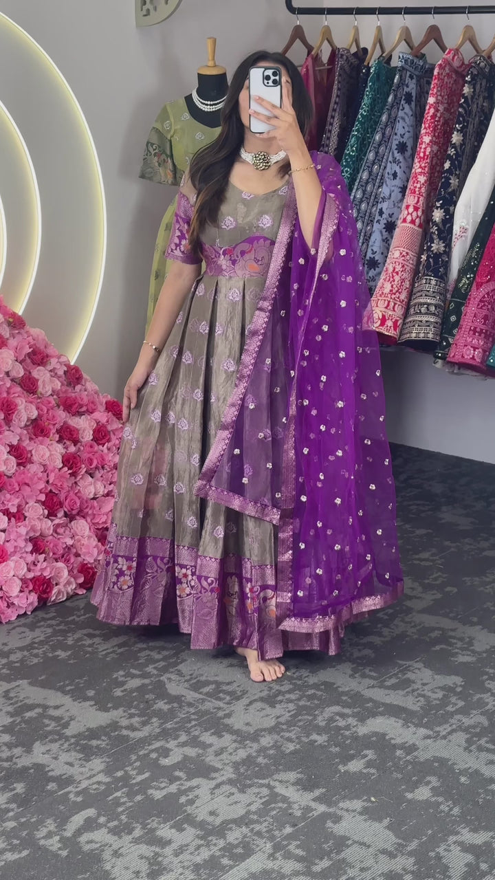 Purple Color Kota Silk Jacquard Gown With Dupatta