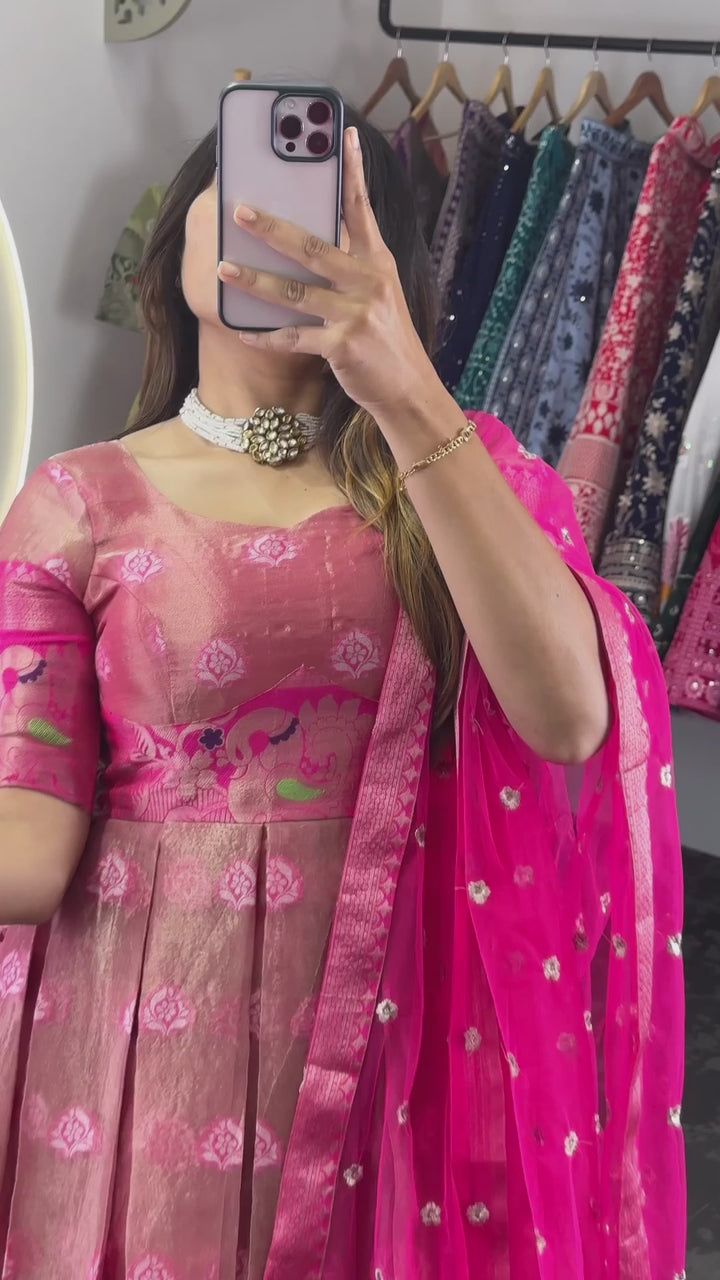 Pink Color Kota Silk Jacquard Gown With Dupatta