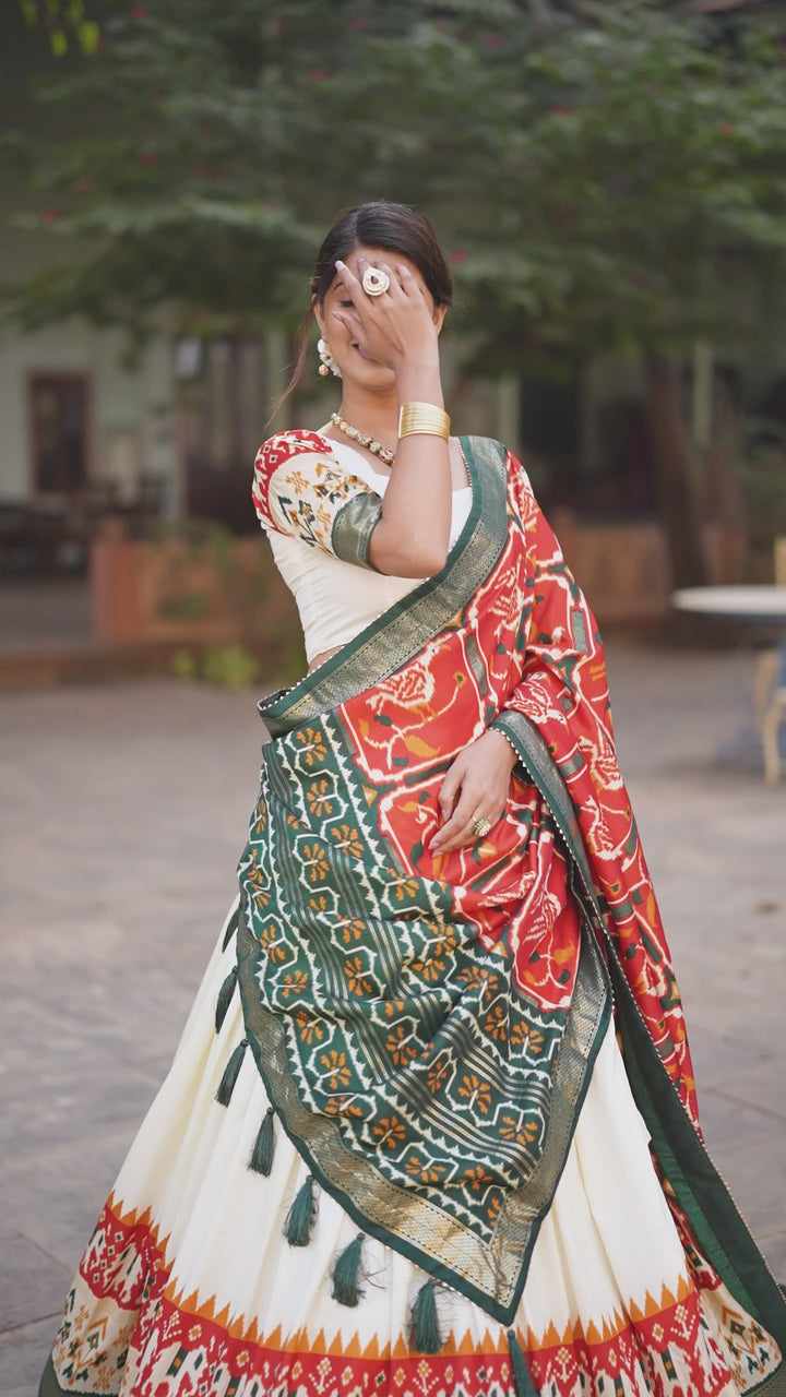 Amazing Orange Color Patola Printed Tussar Silk Lehenga Choli