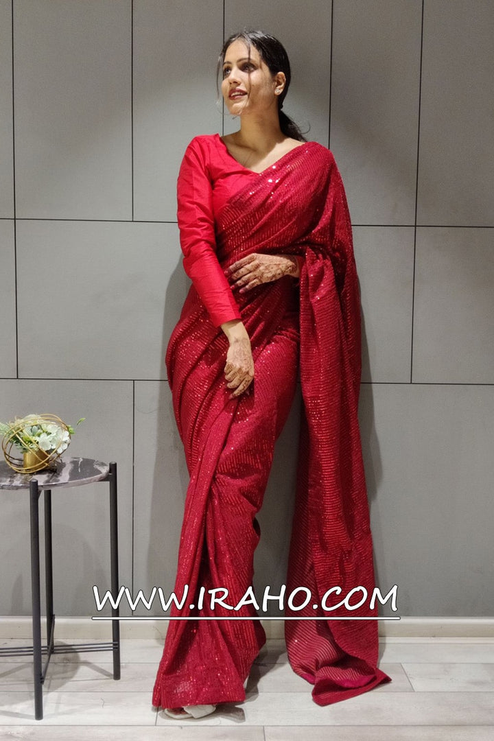 Red Georgette Sequence Work Ready To Wear Saree