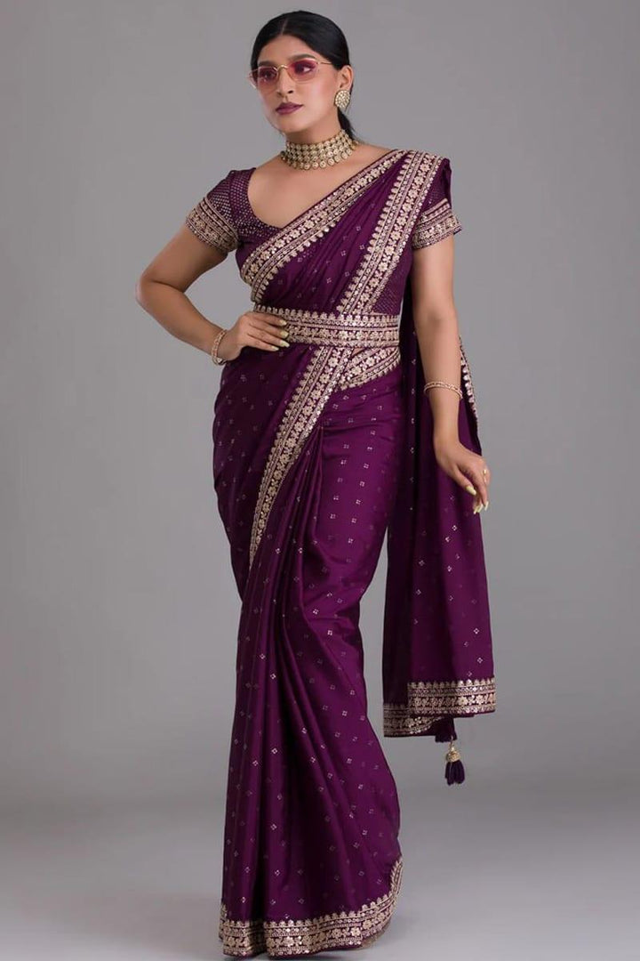 Wine Color Kasturi Silk  Sequence Work Saree