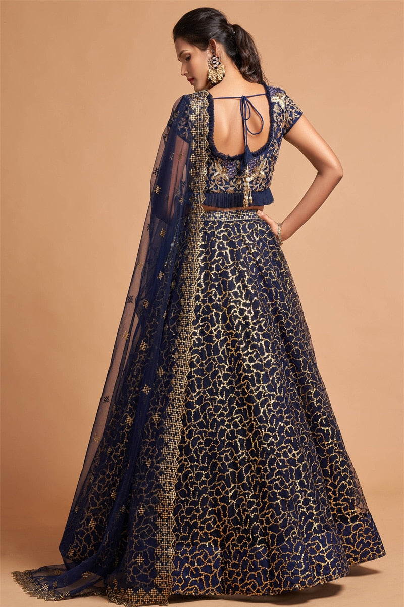 Navy Blue Thread Embroidery Soft Net Lehenga Choli