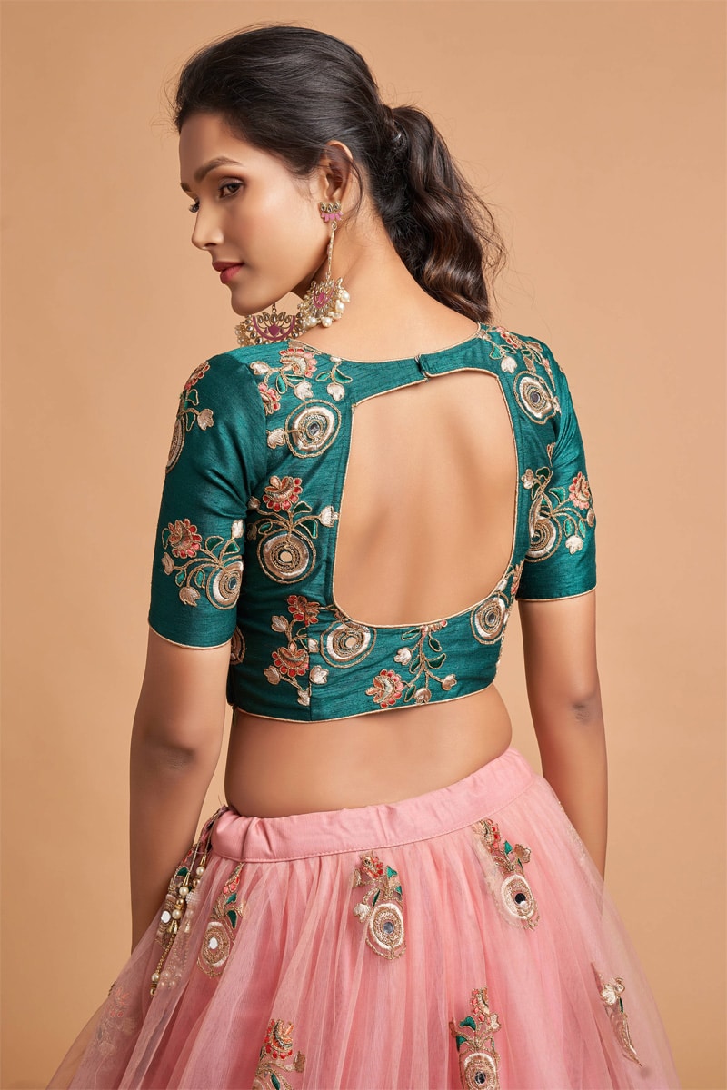 Peach Color Thread Embroidery Soft Net Lehenga Choli