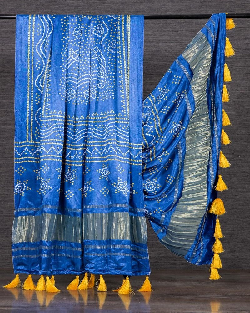 Blue Color Pure Gaji Silk Bandhani Printed Dupatta With Tassels