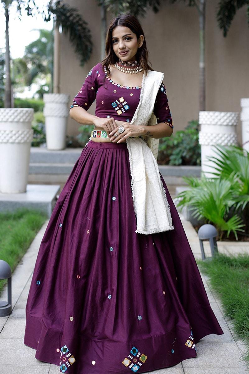 Wine Original Mirror Handwork Cotton Lehenga Choli