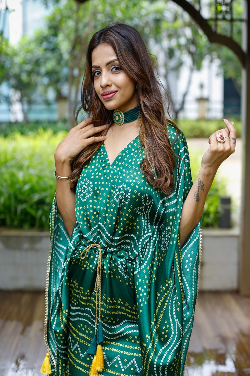 Green Color Designer Pure Gaji Silk kaftan