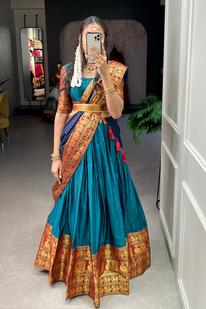 Firozi Color Narayan Pet Cotton Full Flair Lehenga Choli