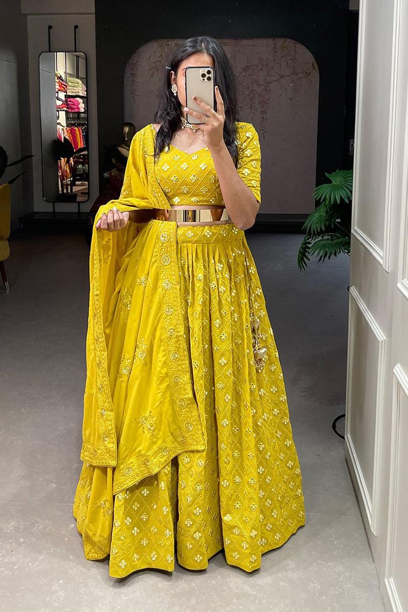 Yellow Mirror Work Beautiful Georgette Lehenga Choli