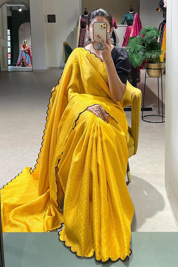 Yellow  Lucknowi Gadhawal Chex Saree