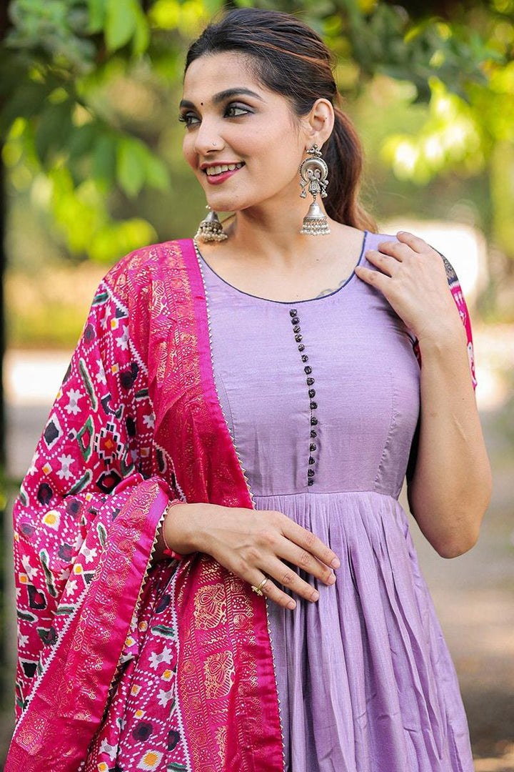 Lavender Color Designer Patola With Foil Print Dola Silk Gown