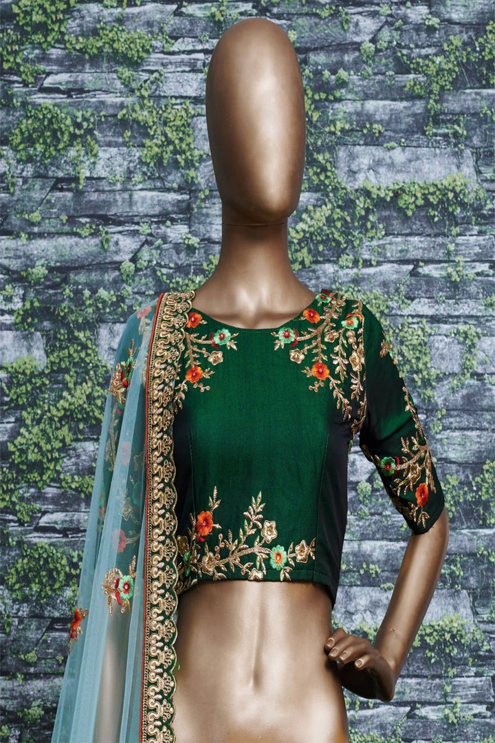 Dark Green Embroidery Taffeta Satin Silk Lehenga Choli