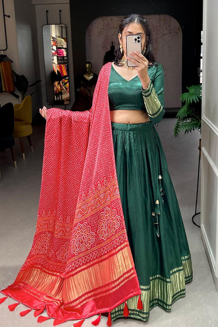 Green Dyeing With Lagdi Patta Gaji Silk Lehenga Choli