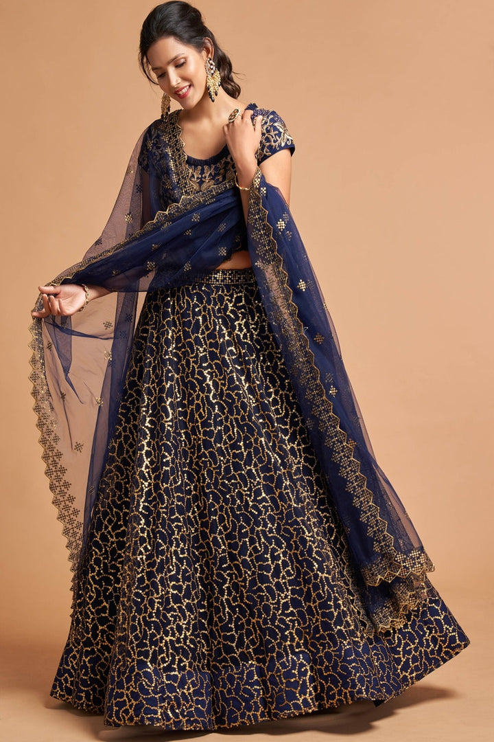 Navy Blue Thread Embroidery Soft Net Lehenga Choli