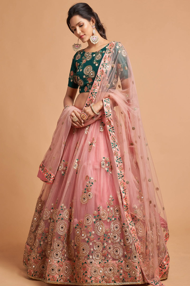 Peach Color Thread Embroidery Soft Net Lehenga Choli