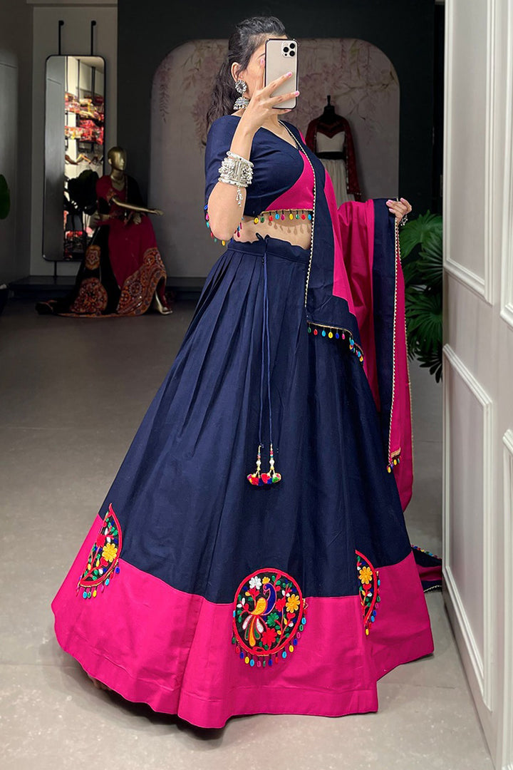 Navy Blue Color Pure Cotton Lehenga Choli With Gamthi Patche Work