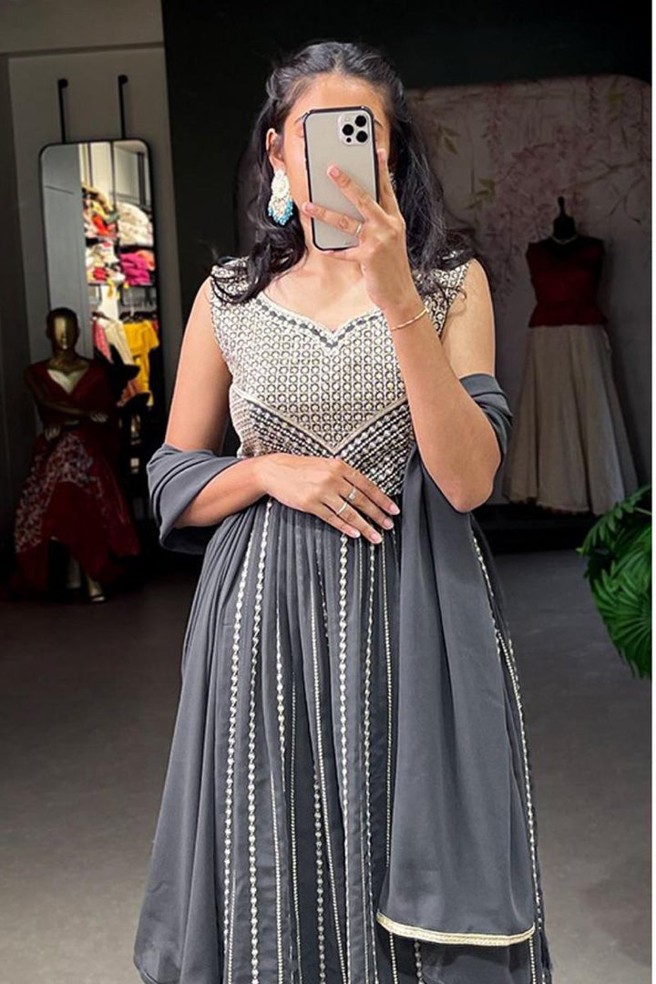 Grey Sequence Embroidery Georgette Palazzo Salwar Suits