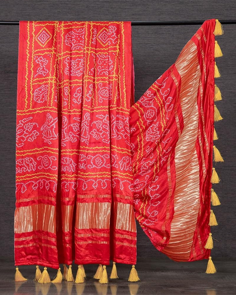 Crimson Color Pure Gaji Silk Bandhani Printed Dupatta With Tassels
