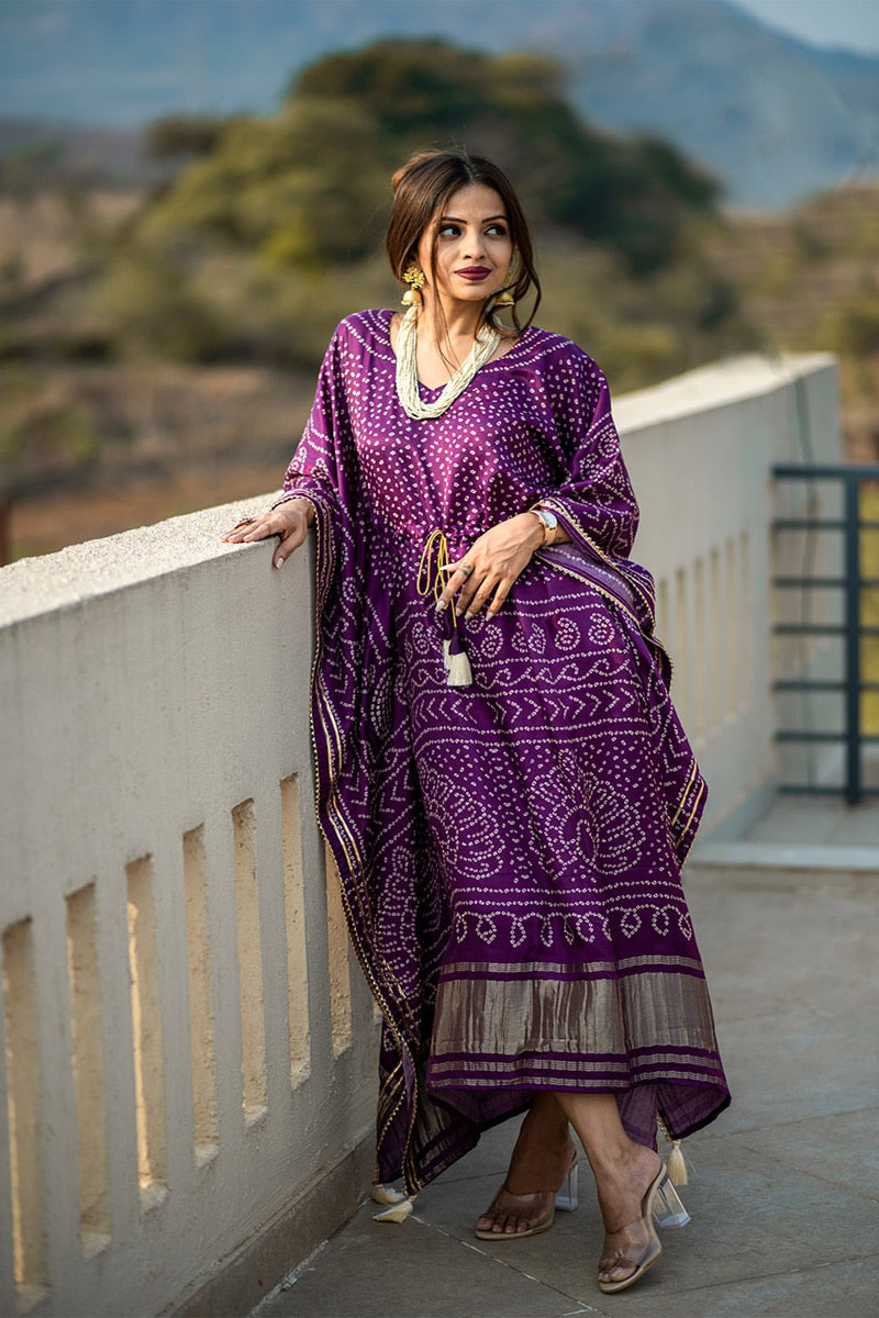 wine Color Unique And Amazing pure Gaji silk Kaftan