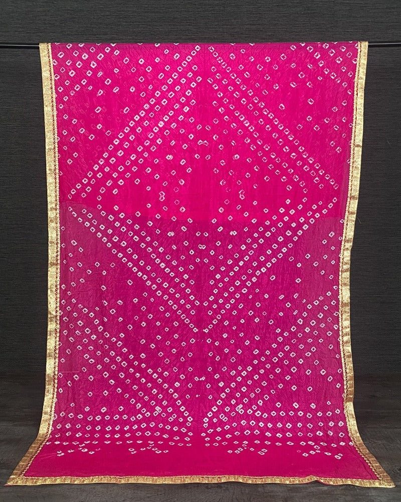 Pink Color Original Bandhej Silk Dupatta With Lace Border
