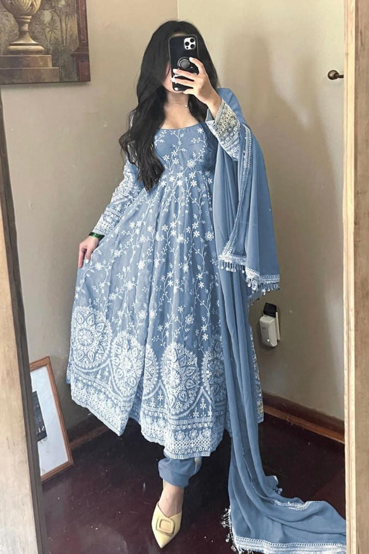 Sky Blue Designer Embroidery Georgette Anarkali Gown