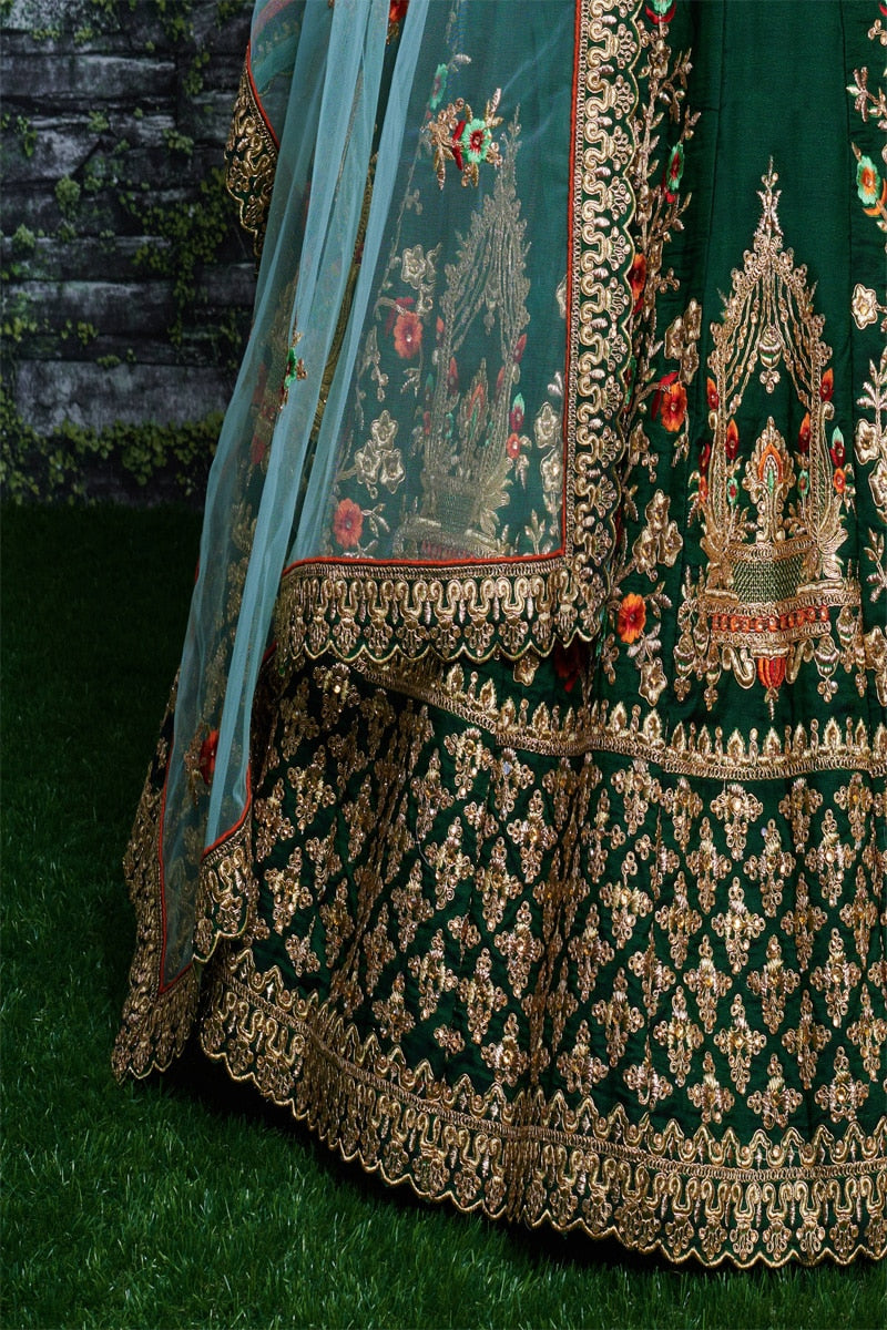 Dark Green Embroidery Taffeta Satin Silk Lehenga Choli