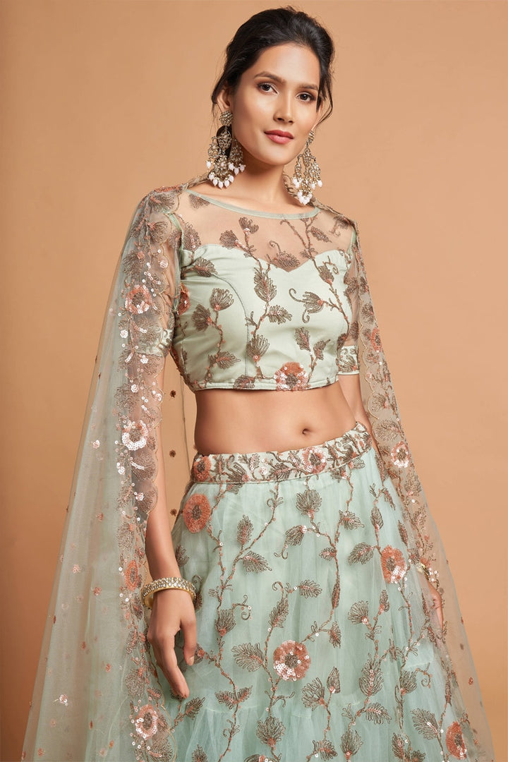 Latest Pista Green Soft Net Lehenga Choli