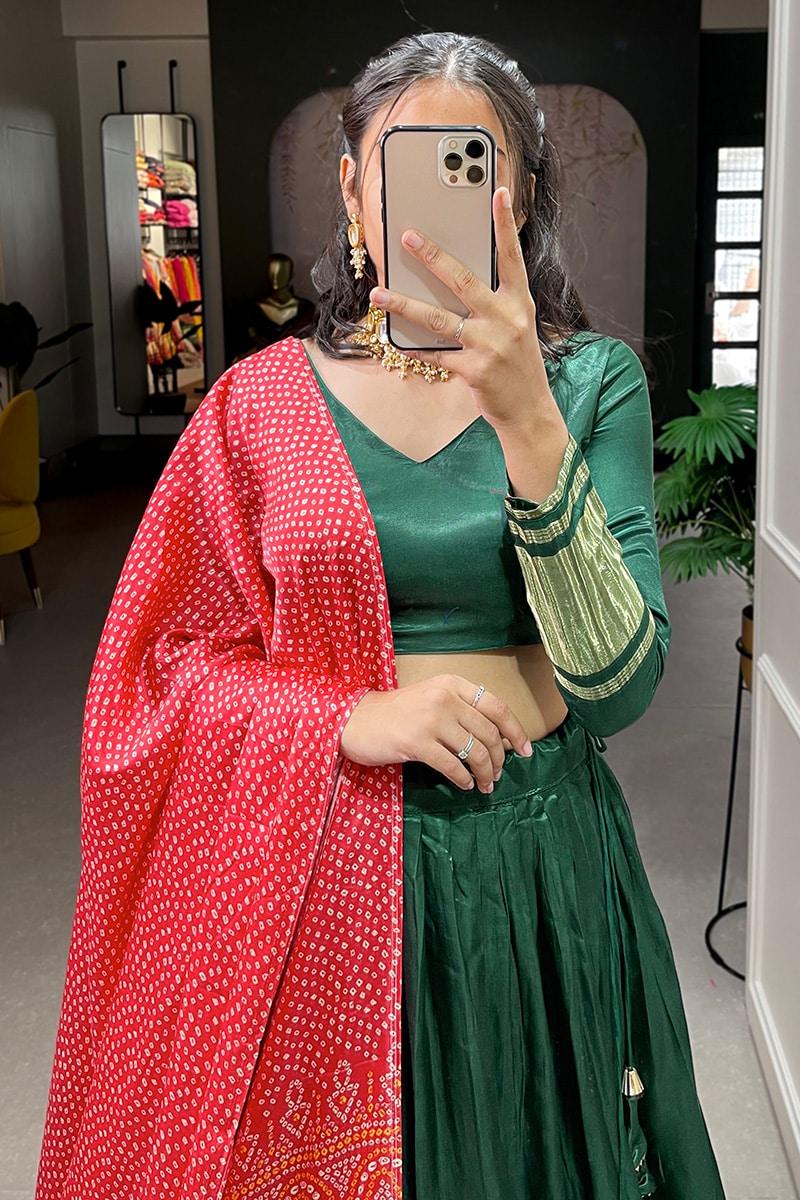 Green Dyeing With Lagdi Patta Gaji Silk Lehenga Choli