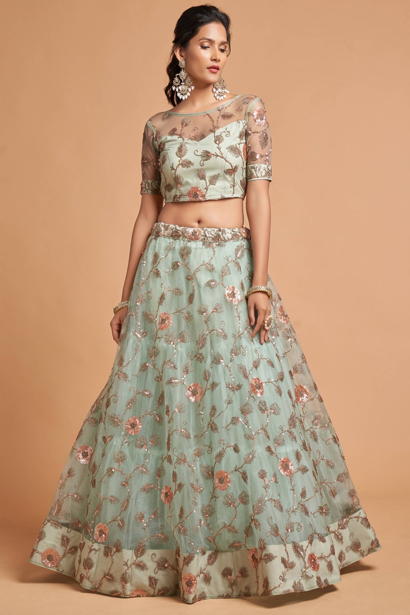 Latest Pista Green Soft Net Lehenga Choli